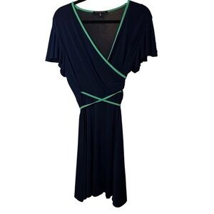 NIK AND NASH Size XL Faux Wrap Navy and Green Tie Dress